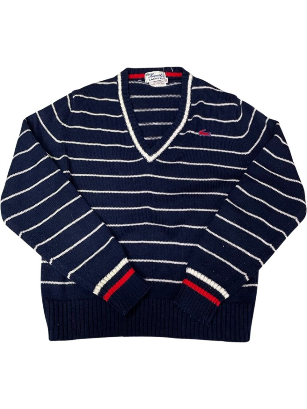 Haymaker Lacoste‎ Vintage 70s Stripe V-Neck Knit Sweater Navy Red Size S